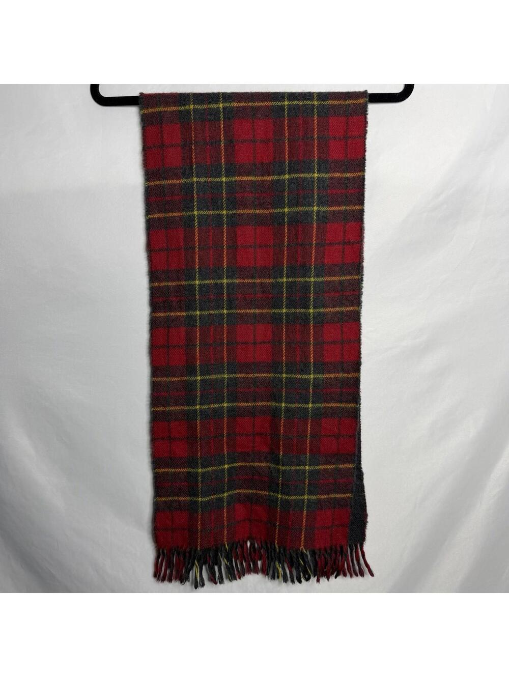 100% Lambswool Tartan Plaid Fringe Scarf Red Yellow Gray